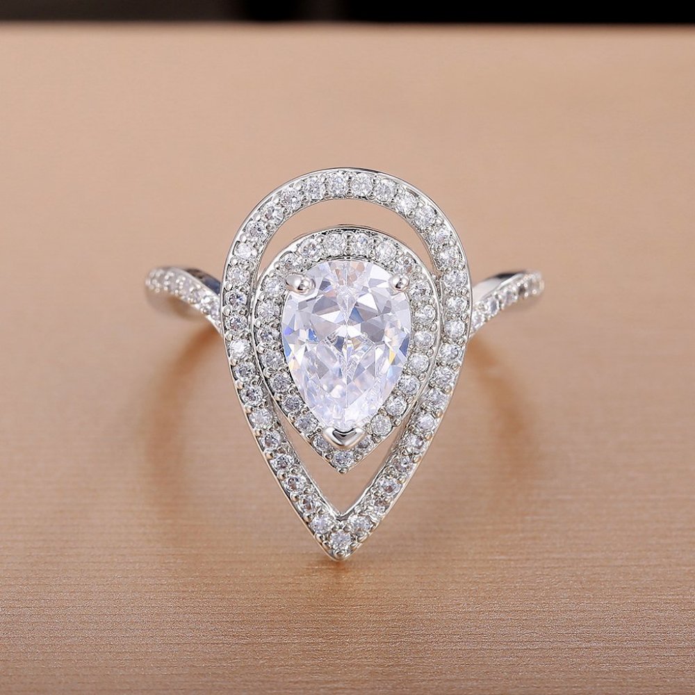NEW 925 Silver Teardrop Pear Cut Double Halo Ring - Picture 6 of 9